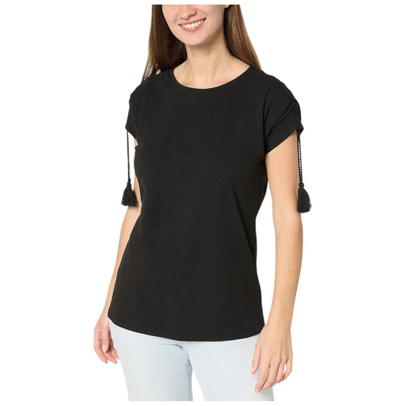 Belle Beach by Kim Gravel Tops - Belle Beach by Kim Gravel Women`s Slub Knit Ruched Slv w/ Tassels Blk - Regular